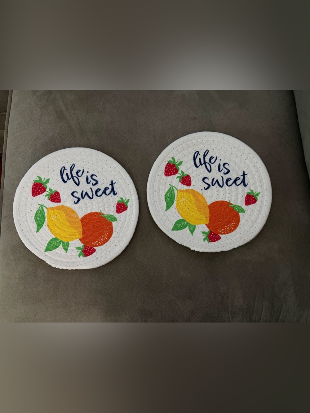 Life Is Sweet Fruit Motif woven trivets set of two